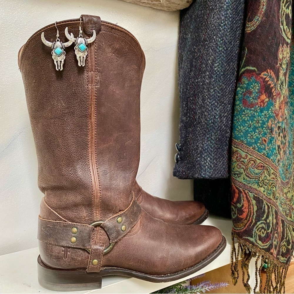 Boho western horn earrings w vintage spell gypsy cowboy/Navajo/Pendleton… - Picture 10 of 15